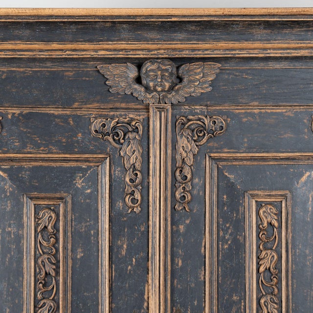 Late 18th Century Swedish Black Painted Oak Armoire With Carved Putti and Lion Heads For Sale - Image 4 of 18