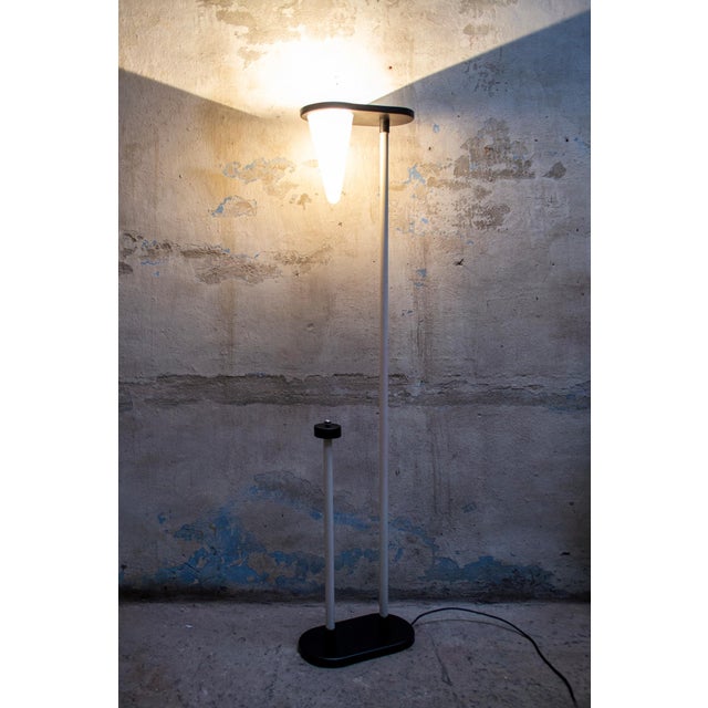 Halogen floor lamp with lacquered metal structure and glass cone lampshade. Dimmable. Italian production 70s European Plug...