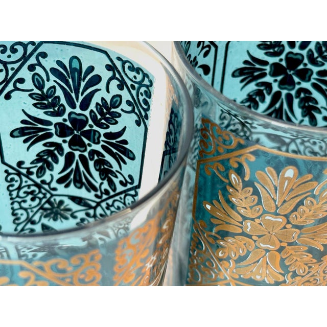 Georges Briard Mid 20th Century Scandinavian Teal and Gold Glass Tumblers, Set of 8 For Sale - Image 4 of 6
