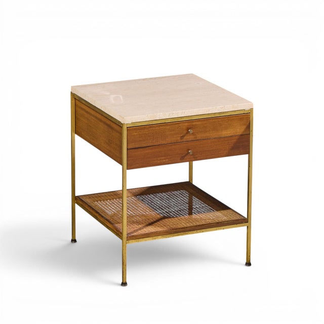 Paul McCobb for Calvin Irwin Group Model 8714 Mid Century Bleached Mahogany, Cane, Brass and Travertine Nightstand - Pair For Sale - Image 11 of 13
