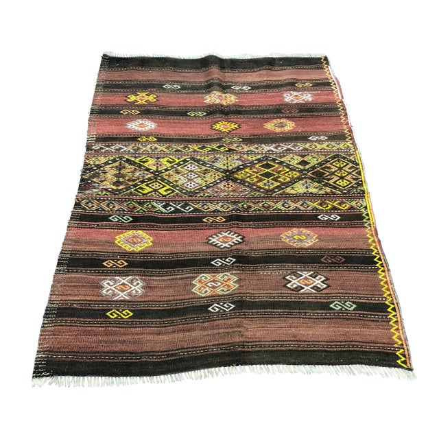 1960s Vintage Handmade Turkish Designer Kilim Rug- 3′8″ × 4′10″ For Sale