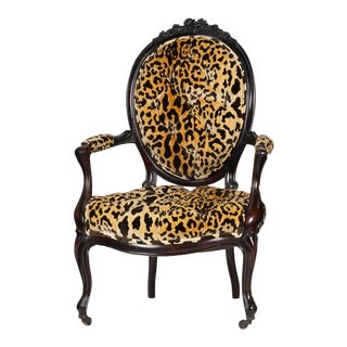 Antique Mahogany Rococo Arm Chair - Scalamandre Leopardo Silk Velvet For Sale