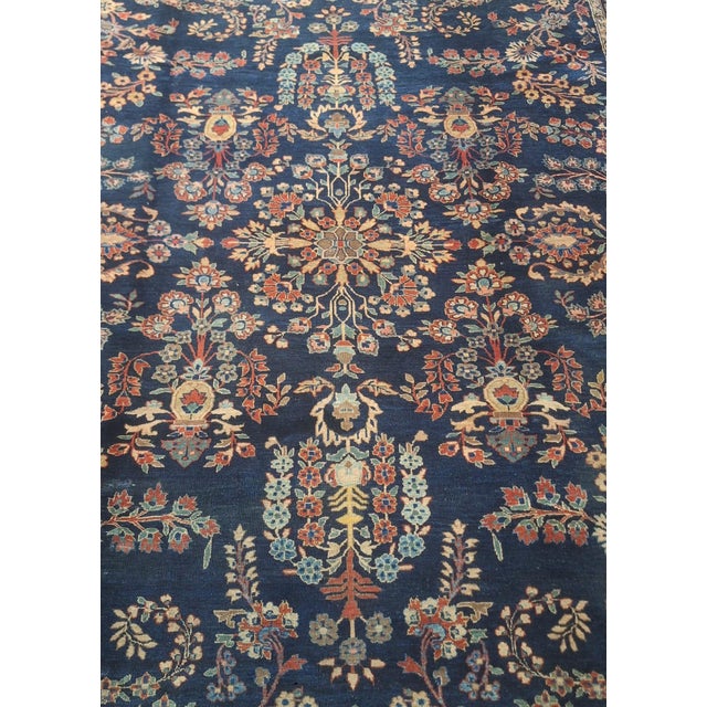 Antique Persian Sarouk Rug – Navy Field With Floral Garden Design – 8’8” × 11’7” For Sale - Image 4 of 11