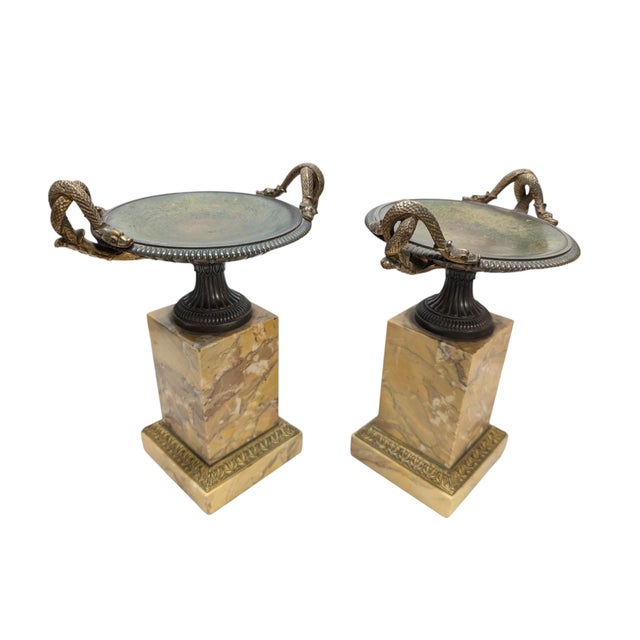 Pair of 19th-Century Bronze Tazzas Featuring Gilt Snake Handles and Siena Marble Stands For Sale - Image 4 of 16
