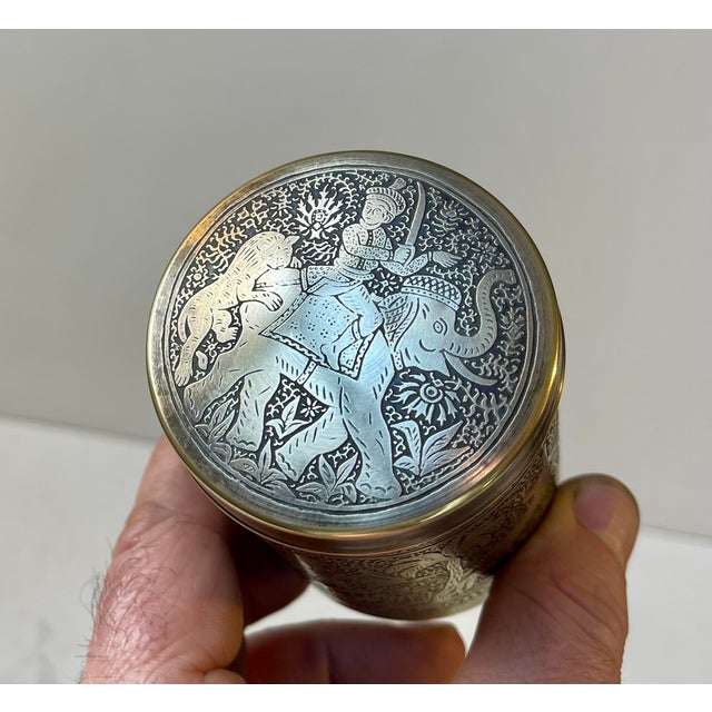 Vintage Indian Tobacco Jar in Engraved Brass, 1970s For Sale - Image 3 of 8