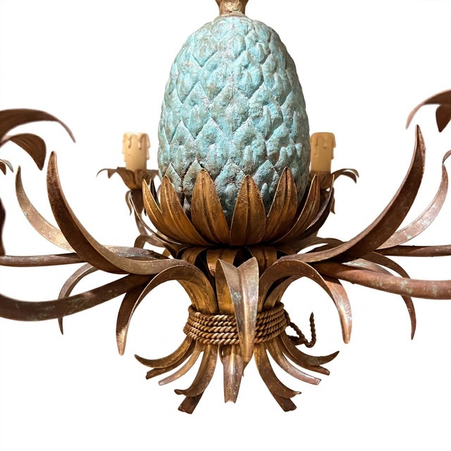 French Verdigris 6-Arm Pineapple Chandelier, 1950s For Sale - Image 3 of 6