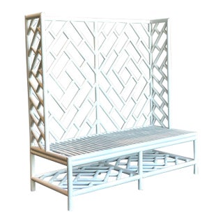 Vintage Coastal Chinese Chippendale Rattan High Back Bench For Sale