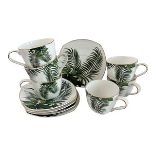 Longfei China Porcelain Square Tea Set of 12 Saucers Tea Cups Palm Fronds Modern, 1990s For Sale