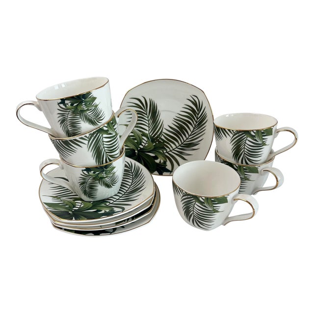 Longfei China Porcelain Square Tea Set of 12 Saucers Tea Cups Palm Fronds Modern, 1990s For Sale