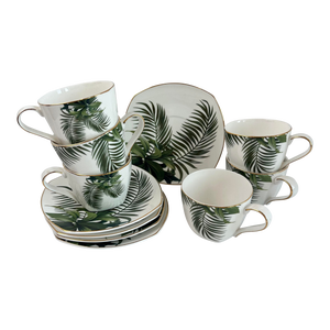 Longfei China Porcelain Square Tea Set of 12 Saucers Tea Cups Palm Fronds Modern, 1990s