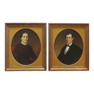 Pair of 19th C. Oil Portrait Paintings of Husband & Wife With Provenance Antique Victorian American School For Sale