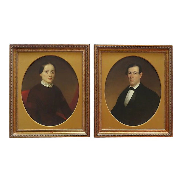 Pair of 19th C. Oil Portrait Paintings of Husband & Wife With Provenance Antique Victorian American School For Sale