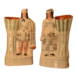 Late 19th Century Staffordshire Polychrome Decorated Figures in a Scottish Theme- Set of 2 For Sale