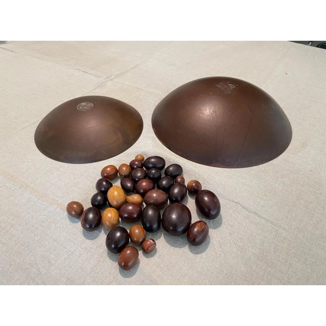 Arts & Crafts Copper Bowls with Ornamental Wooden Pebbles Set For Sale - Image 3 of 3