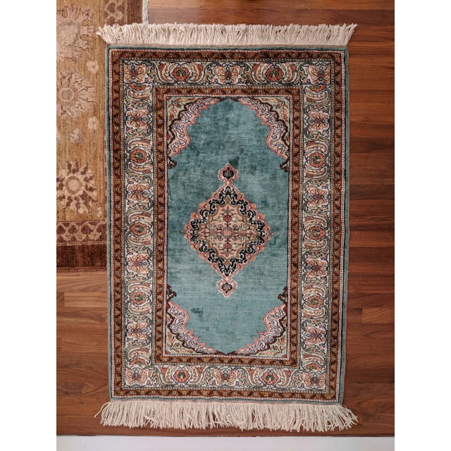 Mid-Century Modern Double Knot Finest Green Handknotted Wool Rug (35" X 52") For Sale - Image 3 of 10