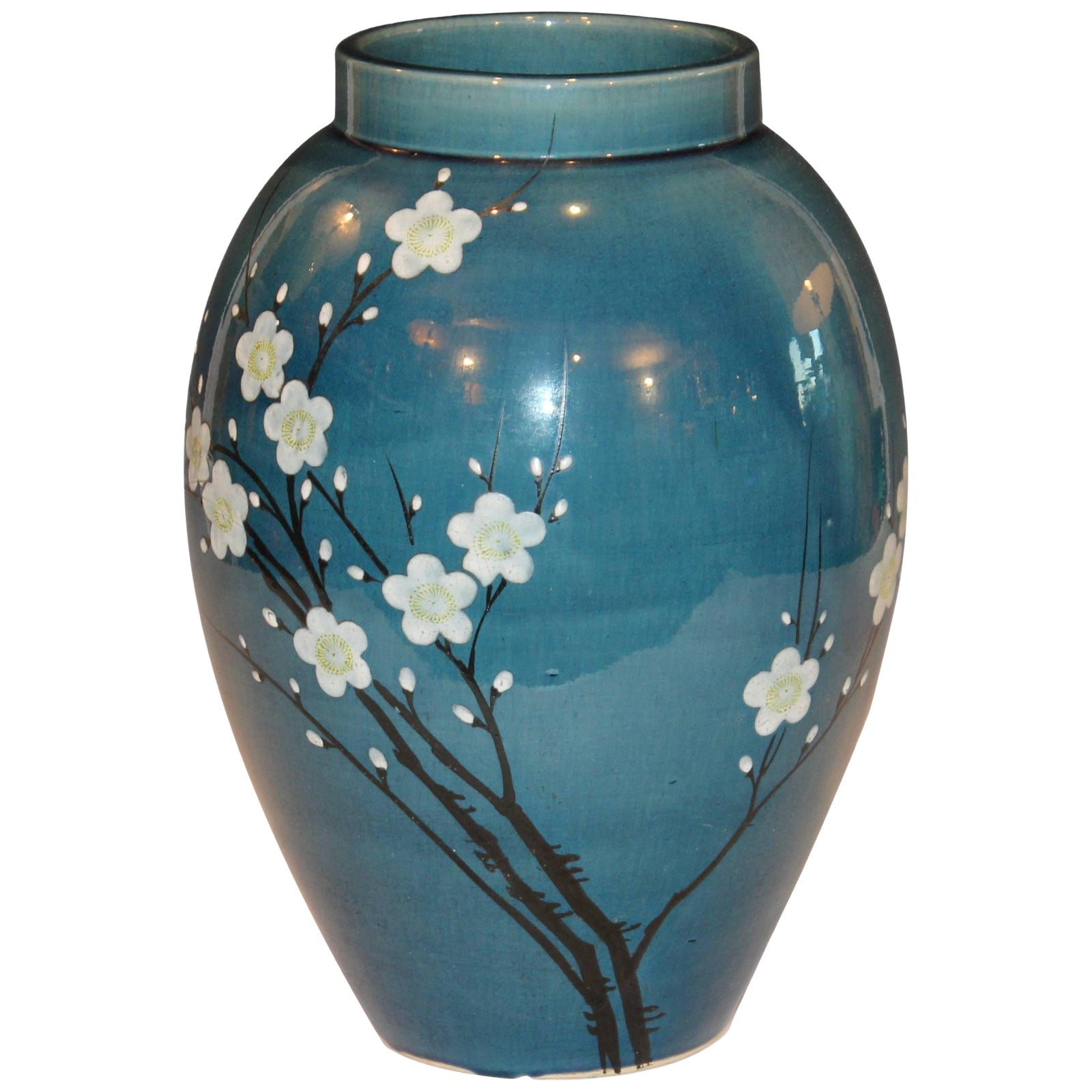 Antique Awaji Pottery Japanese Prunus Cherry Blossom Signed Ikebana