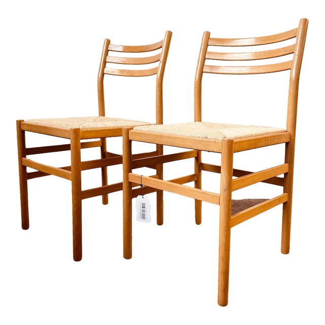 Maple + Woven Rush Italian Chairs - Pair For Sale