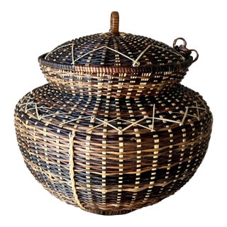 Circa 1970-1985 Rattan & Nito Vine Pedestal Lidded Urn Basket, Philippines For Sale