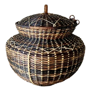 Circa 1970-1985 Rattan & Nito Vine Pedestal Lidded Urn Basket, Philippines