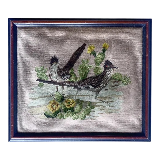 Vintage 1970’s Needlepoint Art of Flowers and Birds , Framed For Sale