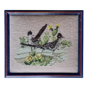 Vintage 1970’s Needlepoint Art of Flowers and Birds , Framed