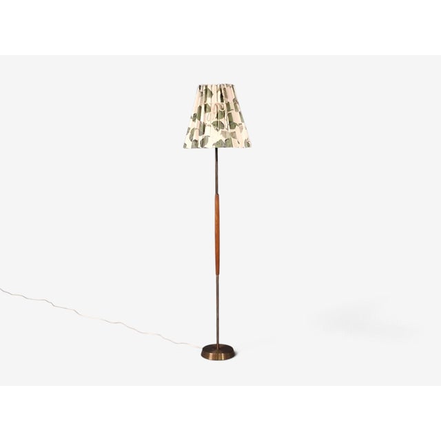 1950s Swedish Modern, Floor Lamp, Teak, Brass, Pleated Floral Fabric For Sale - Image 4 of 10