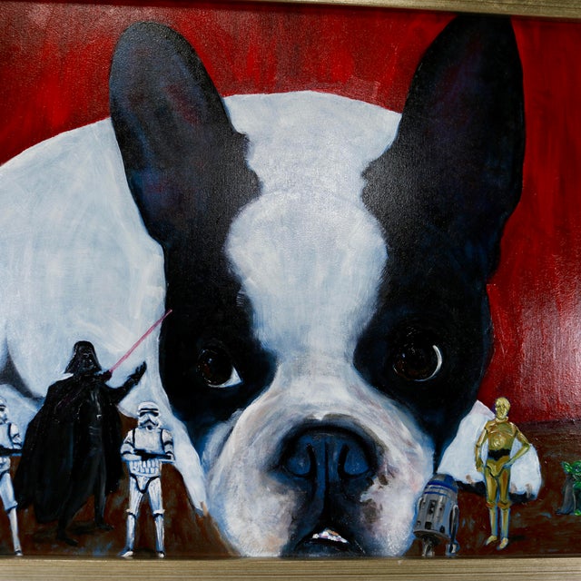 Early 20th Century Early 20th Century Framed Boston Terrier Dog Portrait With Star Wars Figurines Oil Painting For Sale - Image 5 of 11