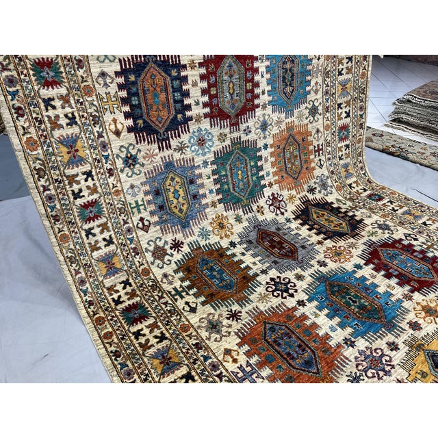 Textile Ivory & Blue Afghan Sultani Natural Dye Wool Rug, Tribal Geometric Medallions, 6′8″ × 9′11″ For Sale - Image 7 of 15