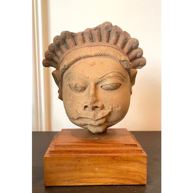 Almond Collection of Three Indian Sandstone Carved Heads of Deities For Sale - Image 8 of 18