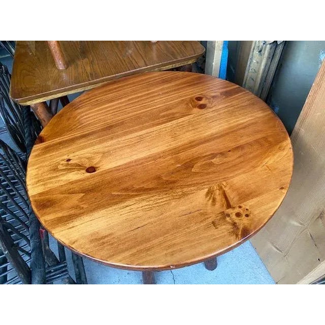 A hickory wood side table — no listed maker, purchased at an estate sale in Aspen. Measures 30"W x 30"D x 30"H. A warm...