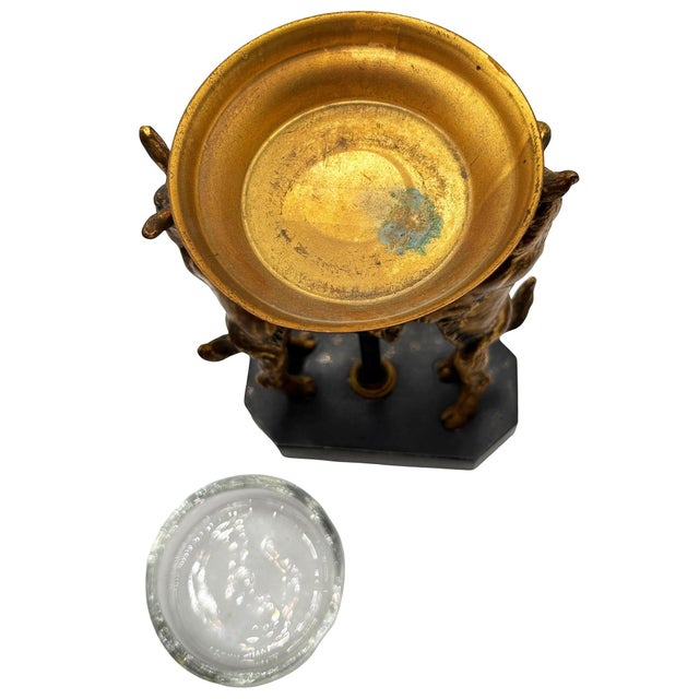 Gold 1920s Art Deco Twin Goat Brass Pedestal Ashtray W Glass Insert, Ronson Art Metal Works For Sale - Image 8 of 8