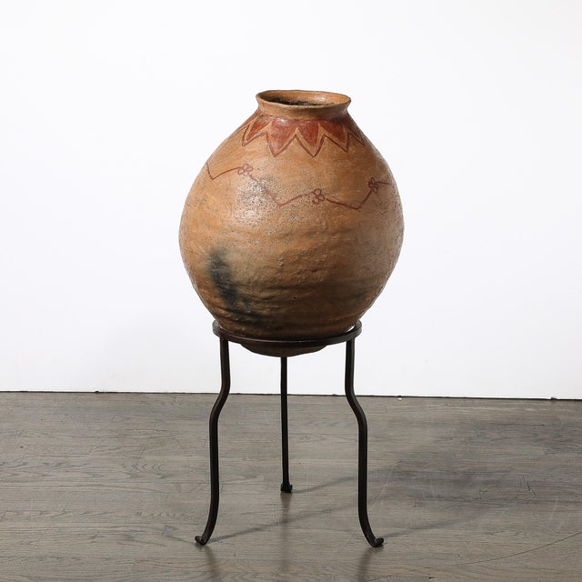 Native American Native American Tribal Terracotta Red Iron Oxide Vessel on Wrought Iron Base For Sale - Image 3 of 12
