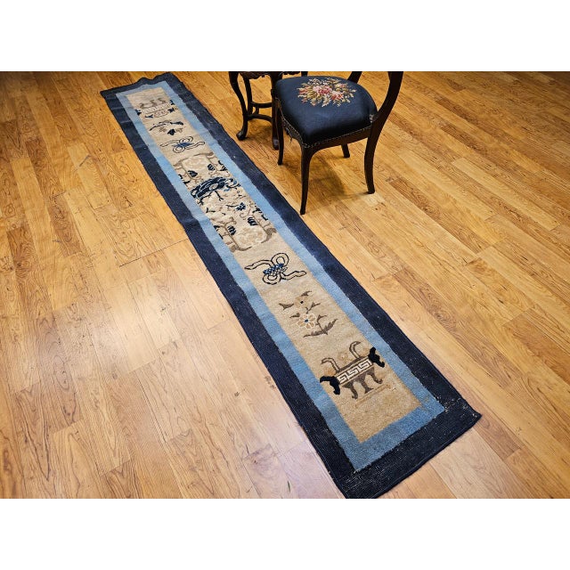 Textile Antique Chinese Peking Runner, Hand-Knotted Wool, Ivory & Navy, 1880s, 2' x 10' For Sale - Image 7 of 9