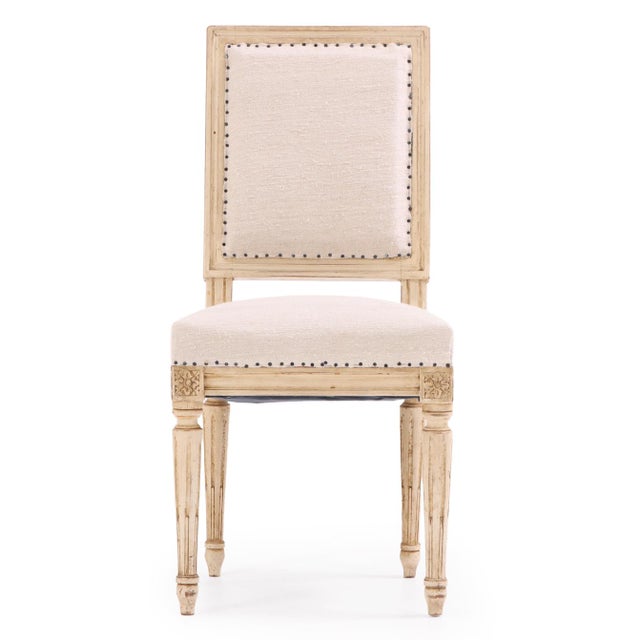 These chairs are a classic square-back form with elegant neoclassical lines, typical of Louis XVI style. Updated with new...