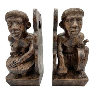 Mid-Century Hand-Carved Ifugao Igorot Tribal Drummers Bookend Pair For Sale