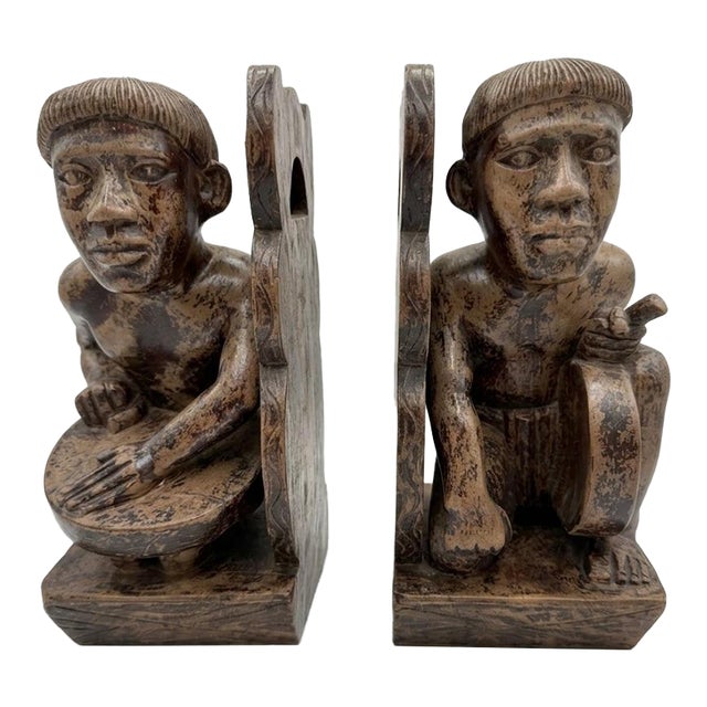 Mid-Century Hand-Carved Ifugao Igorot Tribal Drummers Bookend Pair For Sale