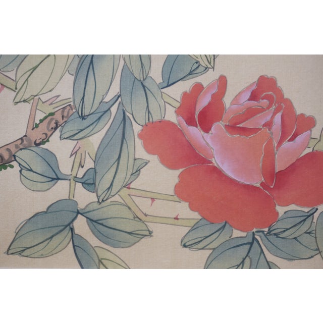 Mid 20th Century Mid Century Chinese Floral Love Birds Watercolor Painting on Silk 20" For Sale - Image 11 of 12