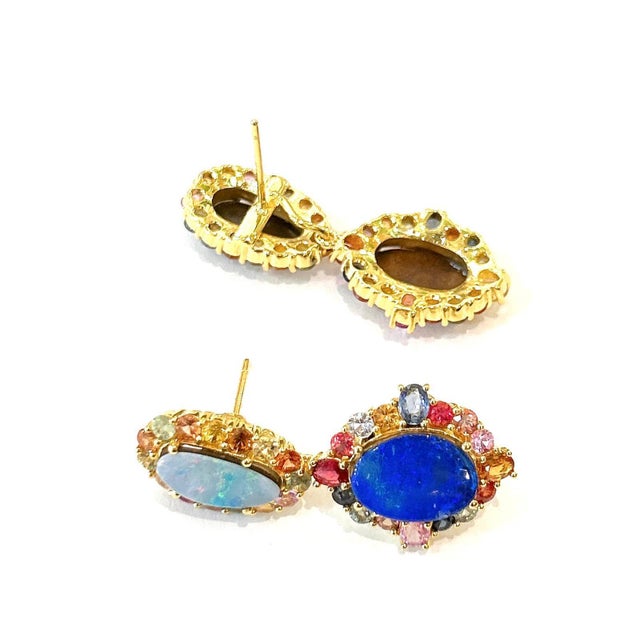 Not Yet Made - Made To Order Bochic “Orient” Opals & Multi Color Fancy Sapphire Earrings Set 18K Gold&Silver For Sale - Image 5 of 10