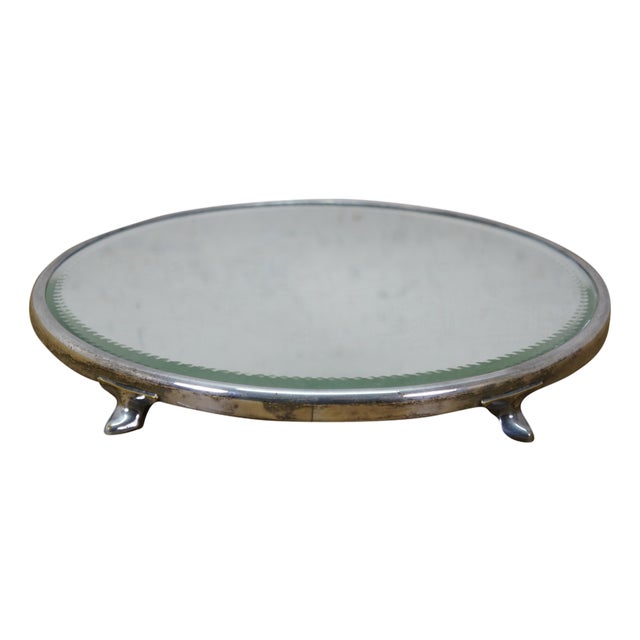 Antique Victorian Art Nouveau Round Plateau Mirror Dresser Bar Vanity Tray 13" For Sale