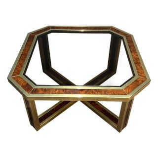 Octagonal walnut and brass coffee table. French work. Circa 1970 For Sale