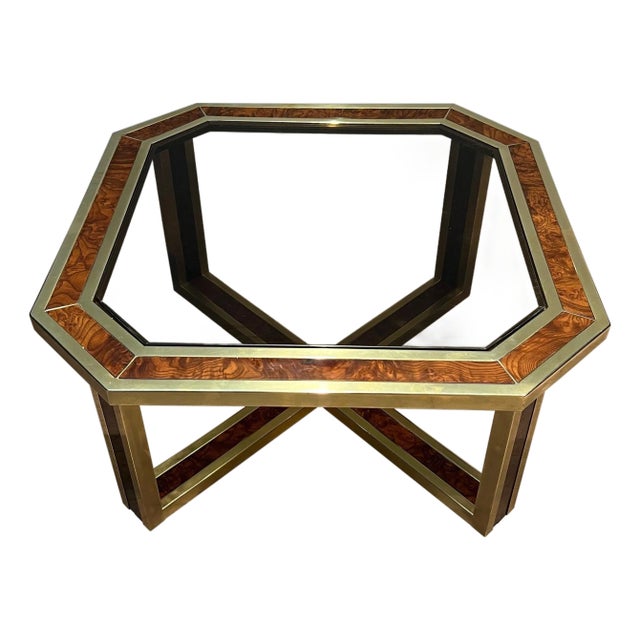Octagonal walnut and brass coffee table. French work. Circa 1970 For Sale