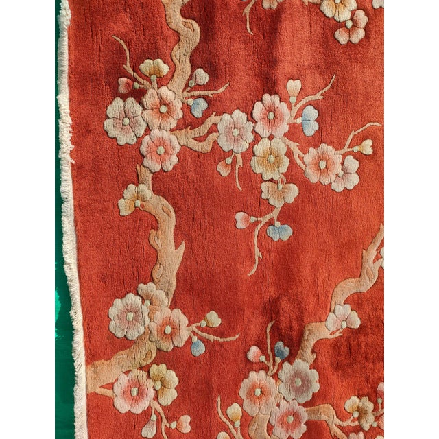 Early 20th Century 1930s Red Floral Modern Antique Chinese Art Deco Rug 8' X 10'2" Handknotted Wool Carpet For Sale - Image 5 of 14
