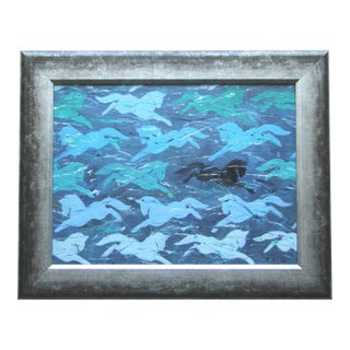 Horses Racing Minimalism Abstract Folk Art Blue Original Oil Painting by Cleo Plowden For Sale