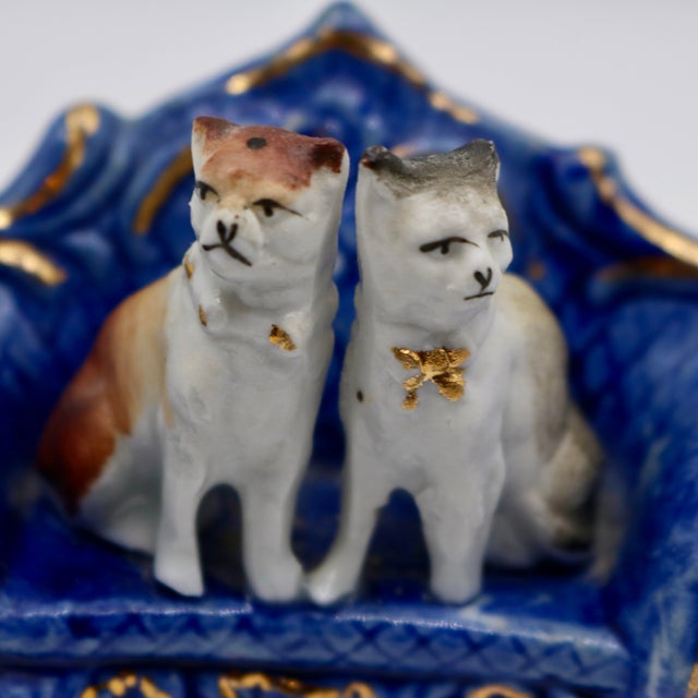 Antique Late 19th Century German Porcelain Miniature Figurine – Two Cats on Blue & Gold Armchair, Mold No. 3896 For Sale - Image 9 of 11