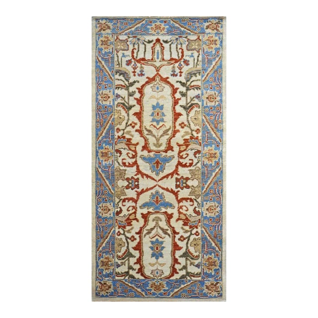 Afghan Sultanabad Master Wool 3x6 Ivory, Blue, & Red Handmade Runner Rug #1143761 For Sale
