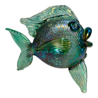Vintage Hand Blown David Tate Studio Glass Iridescent Green Gold Fish Sculpture For Sale