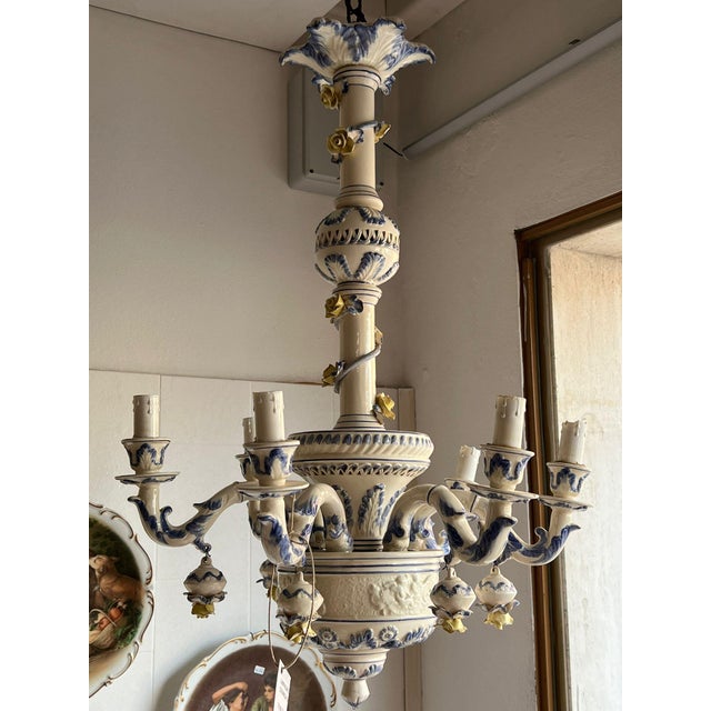 Ceramic Blue and White Decorated Ceramic Chandelier, 1960s For Sale - Image 7 of 10