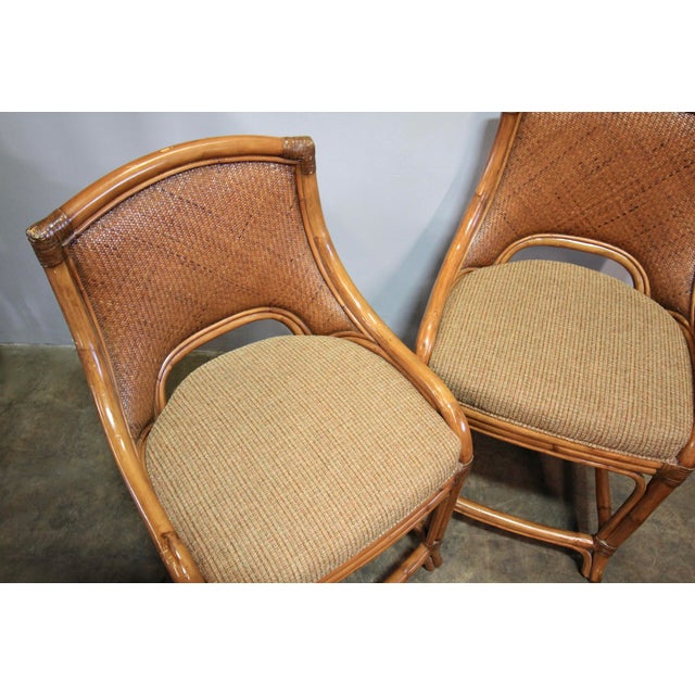 Pair Vintage Coastal Woven Rattan Stools With New Upholstered Cushions For Sale In Los Angeles - Image 6 of 7