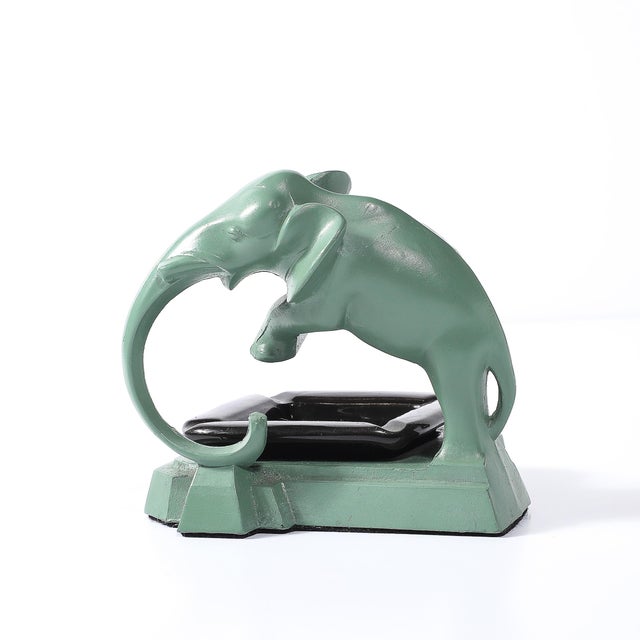 Art Deco Green Enamel & Black Ceramic Sculptural Elephant Ash Tray Signed Nuart For Sale - Image 13 of 13
