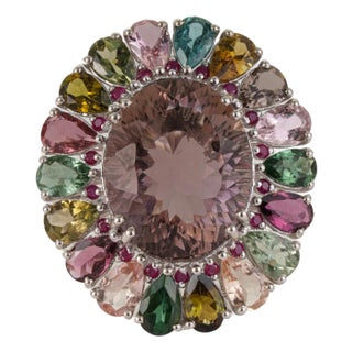 Victorian Inspired 128.4 Ct Ruby & Amethyst Cocktail Ring With Multicolor Tourmaline, Size 7 For Sale